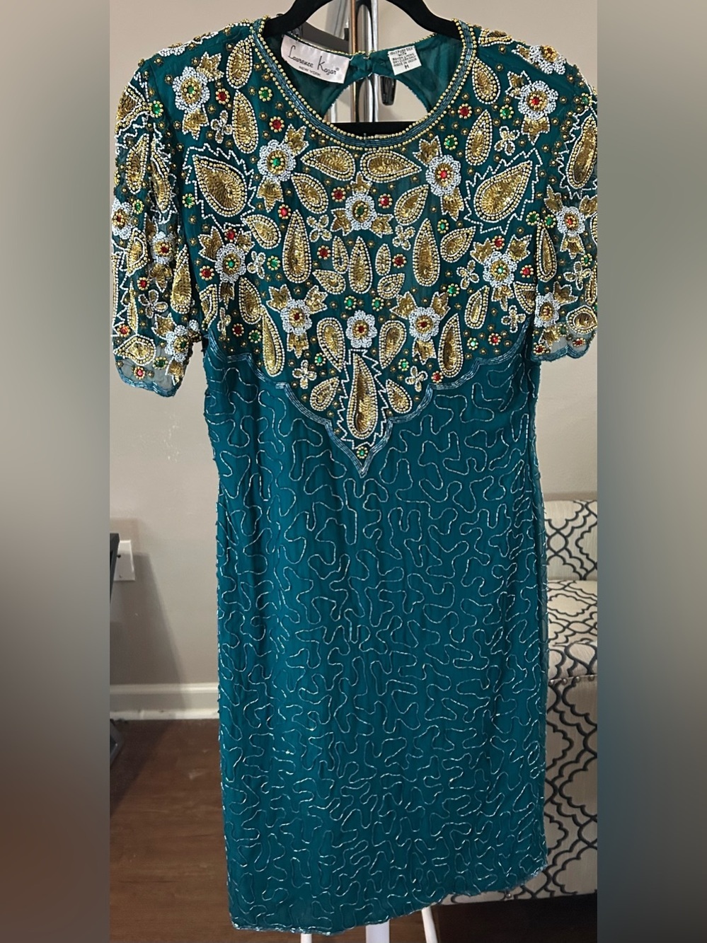 Laurence Kazar Teal Beaded‎ Embroidered Dress 100% silk
